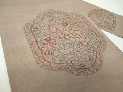 平和屋着物●中国三大刺繍　スワトウ刺繍　汕頭刺繍　総刺繍　九寸名古屋帯　紬地　草花文　証紙付き　正絹　逸品　未使用　DABE5579ps