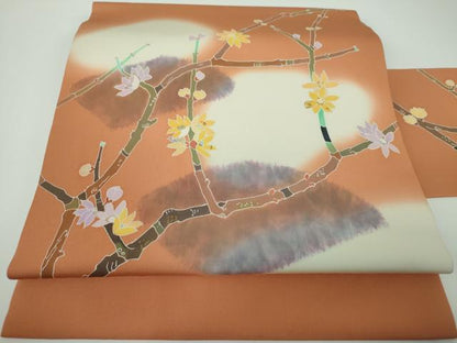 平和屋着物●塩瀬　九寸名古屋帯　作家物　枝花文　金彩　三越扱い　正絹　逸品　DABE5581ps