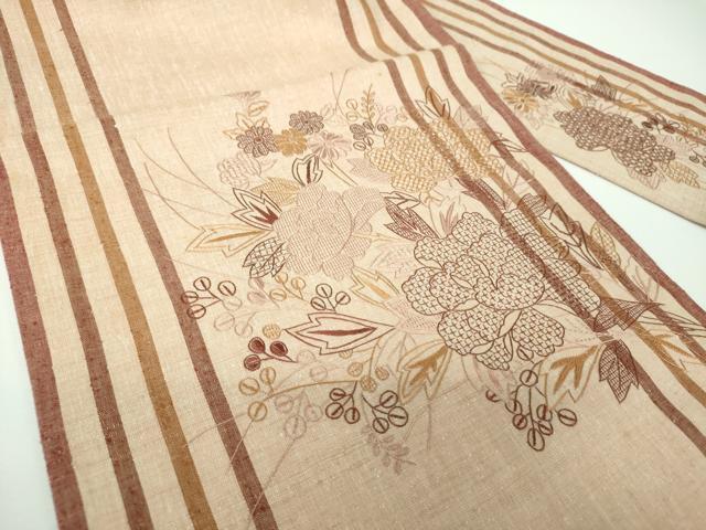 平和屋着物●中国三大刺繍　スワトウ相良刺繍　汕頭相良刺繍　総刺繍　九寸名古屋帯　紬地　草花文　正絹　逸品　DABE5584ps