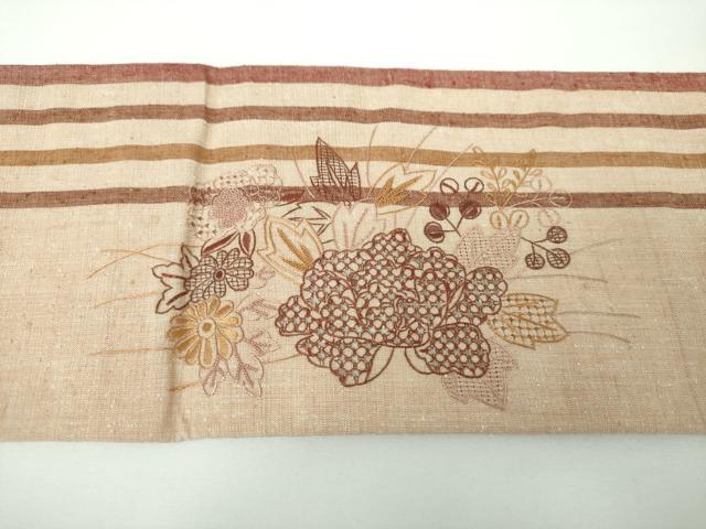 平和屋着物●中国三大刺繍　スワトウ相良刺繍　汕頭相良刺繍　総刺繍　九寸名古屋帯　紬地　草花文　正絹　逸品　DABE5584ps