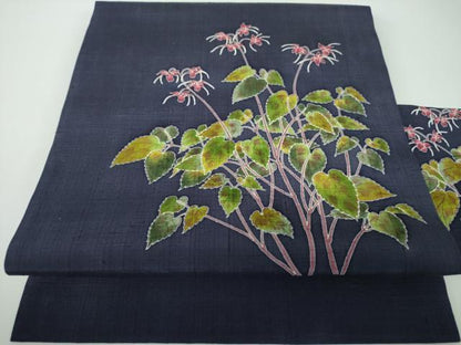 平和屋着物●手描き友禅作　腰原淳策　九寸名古屋帯　紬地　草花文　正絹　逸品　DABE5587ps
