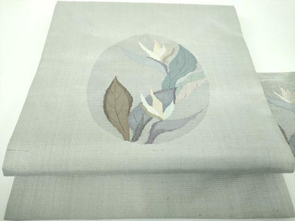 平和屋着物●九寸名古屋帯　紬地　草花丸文　銀糸　正絹　逸品　DABE5598ps