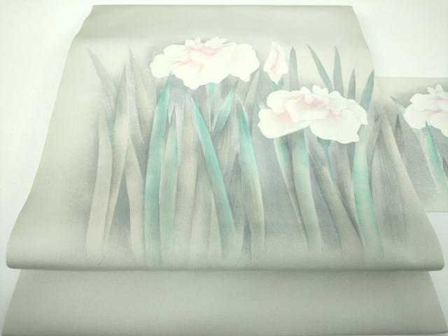 平和屋着物●青山みとも　塩瀬　九寸名古屋帯　手描き　アヤメ　グレー　金銀彩　たとう紙付き　正絹　逸品　DABE5599ps
