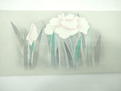 平和屋着物●青山みとも　塩瀬　九寸名古屋帯　手描き　アヤメ　グレー　金銀彩　たとう紙付き　正絹　逸品　DABE5599ps