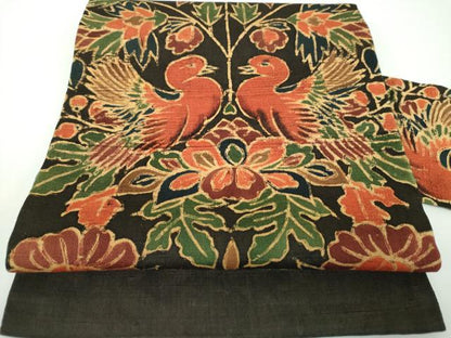 平和屋着物●九寸名古屋帯　紬地　型染　更紗花鳥文　黒地　正絹　逸品　DABE5601ps