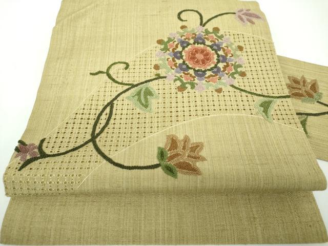 平和屋着物●中国三大刺繍　スワトウ相良刺繍　汕頭相良刺繍　総刺繍　九寸名古屋帯　生紬　正倉院花文　正絹　逸品　DABE5605ps