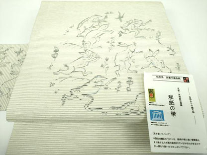 平和屋着物●西陣　九寸名古屋帯　京都・西陣絵引箔織　美濃手漉和紙　鳥獣戯画　証紙付き　正絹　逸品　未使用　DABE5607ps