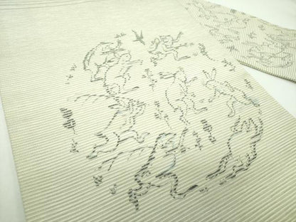 平和屋着物●西陣　九寸名古屋帯　京都・西陣絵引箔織　美濃手漉和紙　鳥獣戯画　証紙付き　正絹　逸品　未使用　DABE5607ps
