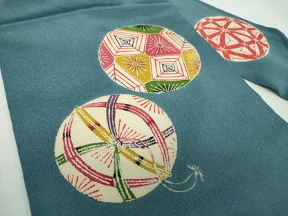 平和屋着物●九寸名古屋帯　型染　手毬　鬼しぼ縮緬　三越扱い　正絹　逸品　DABE5608ps