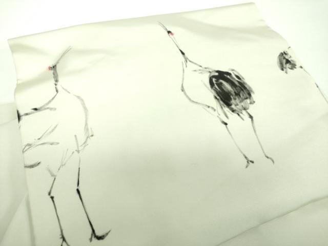平和屋着物●塩瀬　つけ帯　手描き　立鶴　正絹　逸品　DABE5618ps