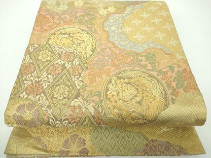 平和屋着物▼六通柄袋帯 道長唐華丸文 金糸 正絹 逸品 DABE5630ps