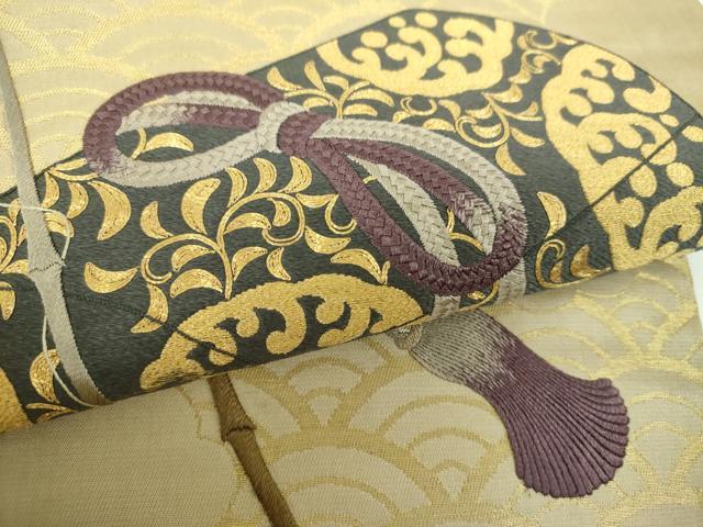 平和屋着物●アンティーク　大正ロマン　太鼓柄　京袋帯　唐織　駒刺繍　総刺繍　枝花文　黒地　金糸　正絹　逸品　CABE0278hy 平和屋着物○太鼓柄袋帯 唐織 鹿の子花丸文 金糸 正絹 逸品 DAAV6431ps