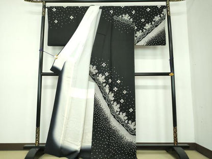 平和屋着物●訪問着　総絞り　舞花文　黒地　正絹　逸品　DABE5648ps