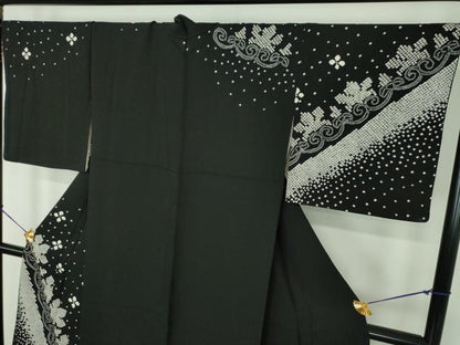 平和屋着物●訪問着　総絞り　舞花文　黒地　正絹　逸品　DABE5648ps