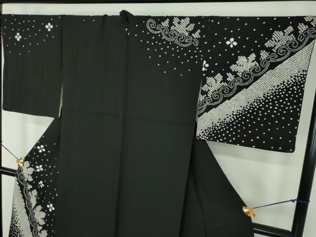 平和屋着物●訪問着　総絞り　舞花文　黒地　正絹　逸品　DABE5648ps
