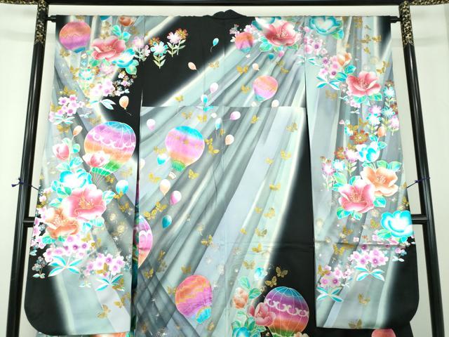 平和屋着物●豪華振袖　舞蝶花文　気球　綿毛　暈し染め　金銀彩　正絹　逸品　DABE5654ps