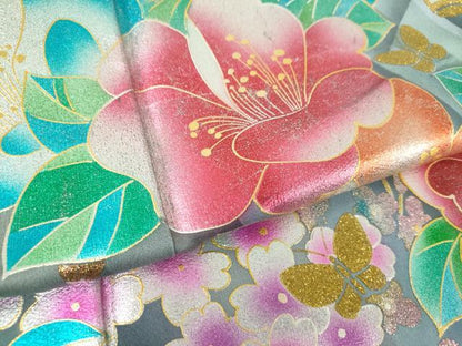 平和屋着物●豪華振袖　舞蝶花文　気球　綿毛　暈し染め　金銀彩　正絹　逸品　DABE5654ps