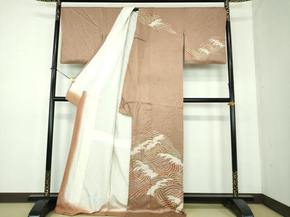 平和屋着物●訪問着　刺繍　絞り　立波文　金彩　ロング丈　正絹　逸品　DABE5661ps