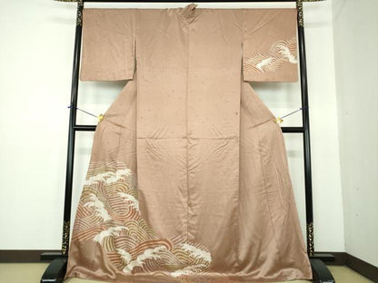 平和屋着物●訪問着　刺繍　絞り　立波文　金彩　ロング丈　正絹　逸品　DABE5661ps