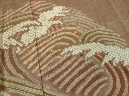 平和屋着物●訪問着　刺繍　絞り　立波文　金彩　ロング丈　正絹　逸品　DABE5661ps