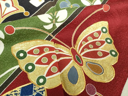 平和屋着物●小振袖　二尺袖　駒刺繍　舞桜　舞蝶花文　金彩　正絹　逸品　DABE5694ps
