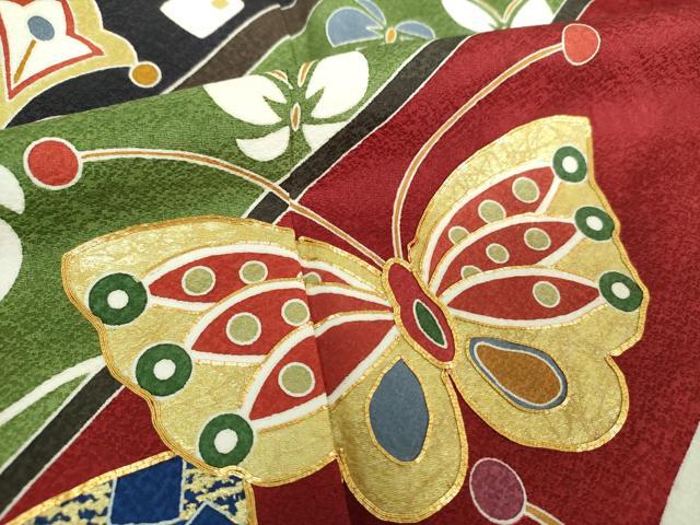 平和屋着物●小振袖　二尺袖　駒刺繍　舞桜　舞蝶花文　金彩　正絹　逸品　DABE5694ps