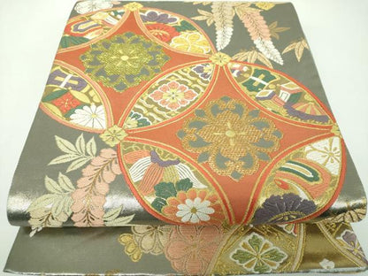 平和屋着物▼六通柄袋帯 七宝花文 プラチナ箔 正絹 逸品 DABE5721ps