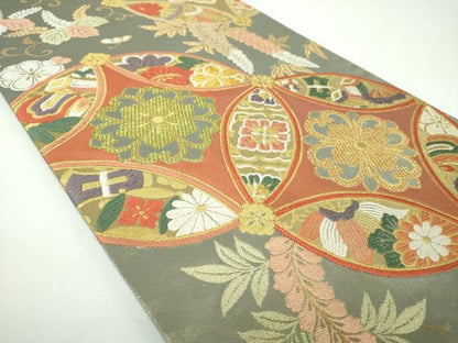 平和屋着物▼六通柄袋帯 七宝花文 プラチナ箔 正絹 逸品 DABE5721ps