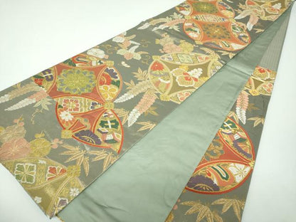 平和屋着物▼六通柄袋帯 七宝花文 プラチナ箔 正絹 逸品 DABE5721ps