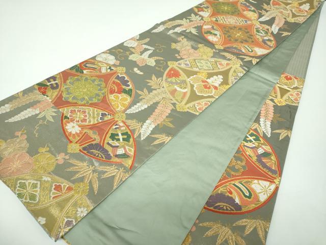 平和屋着物▼六通柄袋帯 七宝花文 プラチナ箔 正絹 逸品 DABE5721ps