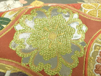 平和屋着物▼六通柄袋帯 七宝花文 プラチナ箔 正絹 逸品 DABE5721ps