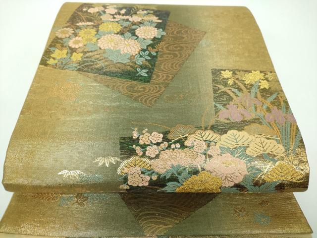 平和屋着物▼六通柄袋帯 唐織 色紙重ね花文 金糸 引箔 正絹 逸品 DABE5739ps