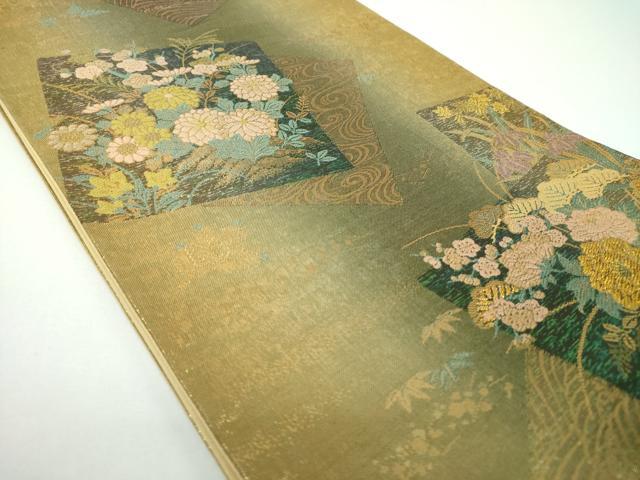 平和屋着物▼六通柄袋帯 唐織 色紙重ね花文 金糸 引箔 正絹 逸品 DABE5739ps