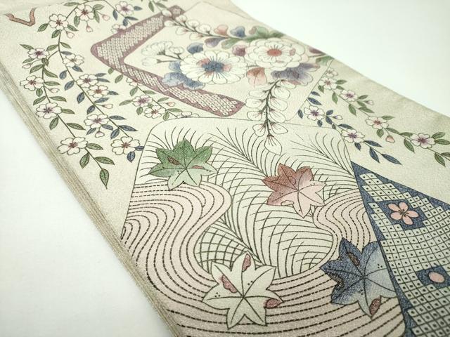 平和屋着物▼綴れ 太鼓柄袋帯 辻が花 銀糸 正絹 逸品 DABE5750ps