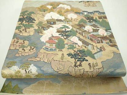 平和屋着物▼六通柄袋帯 唐織 古画松島屏風文 金糸 正絹 逸品 DABE5760ps