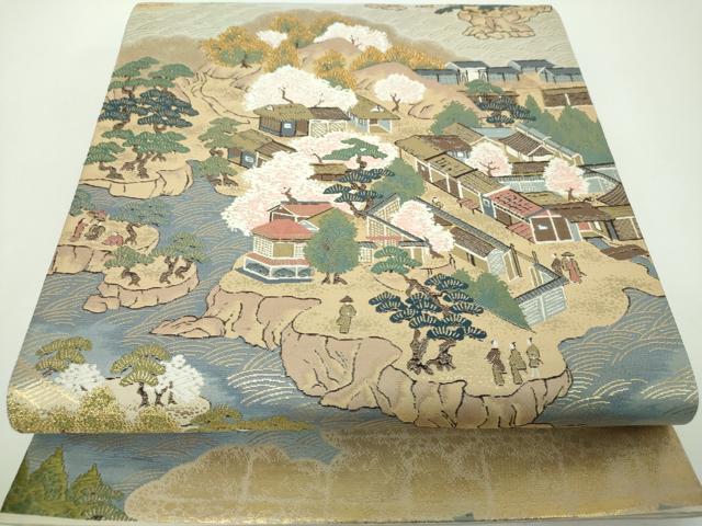 平和屋着物▼六通柄袋帯 唐織 古画松島屏風文 金糸 正絹 逸品 DABE5760ps