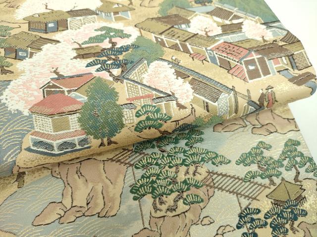 平和屋着物▼六通柄袋帯 唐織 古画松島屏風文 金糸 正絹 逸品 DABE5760ps