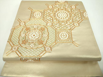 平和屋着物▼太鼓柄袋帯 駒刺繍 総刺繍 蜀江花文 金糸 正絹 逸品 DABE5762ps