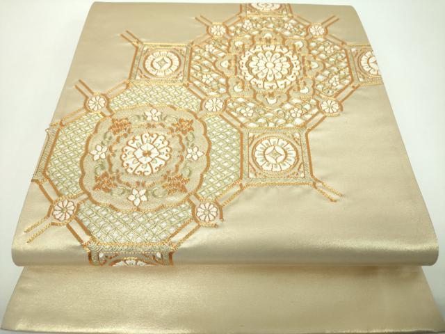 平和屋着物▼太鼓柄袋帯 駒刺繍 総刺繍 蜀江花文 金糸 正絹 逸品 DABE5762ps
