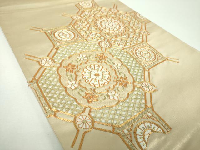 平和屋着物▼太鼓柄袋帯 駒刺繍 総刺繍 蜀江花文 金糸 正絹 逸品 DABE5762ps