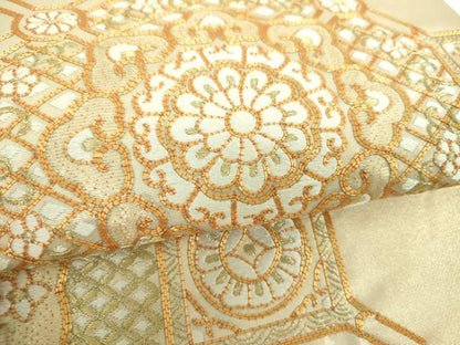 平和屋着物▼太鼓柄袋帯 駒刺繍 総刺繍 蜀江花文 金糸 正絹 逸品 DABE5762ps