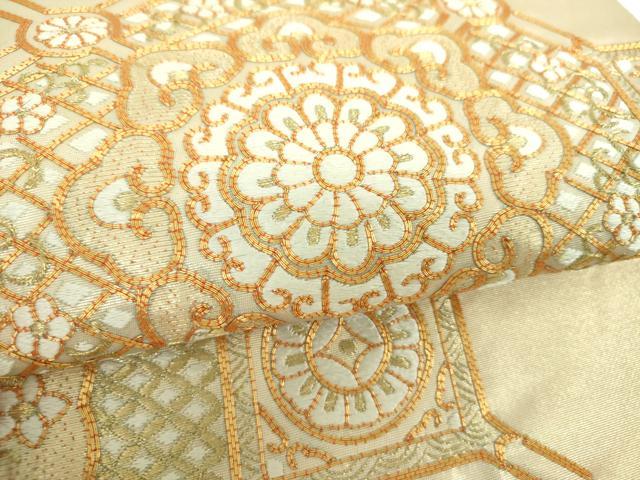 平和屋着物▼太鼓柄袋帯 駒刺繍 総刺繍 蜀江花文 金糸 正絹 逸品 DABE5762ps