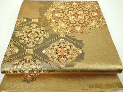 平和屋着物▼六通柄袋帯　正倉院鳳凰花文　金糸　正絹　逸品　DABE5768ps