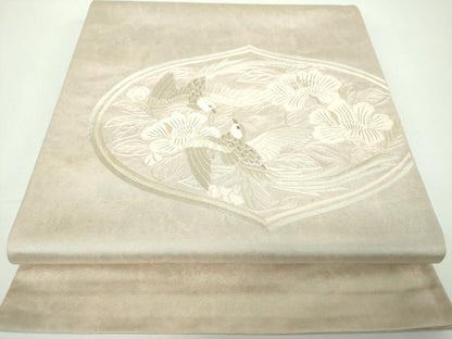 平和屋着物▼太鼓柄袋帯　総刺繍　花鳥文　銀糸　引箔　正絹　逸品　DABE5770ps