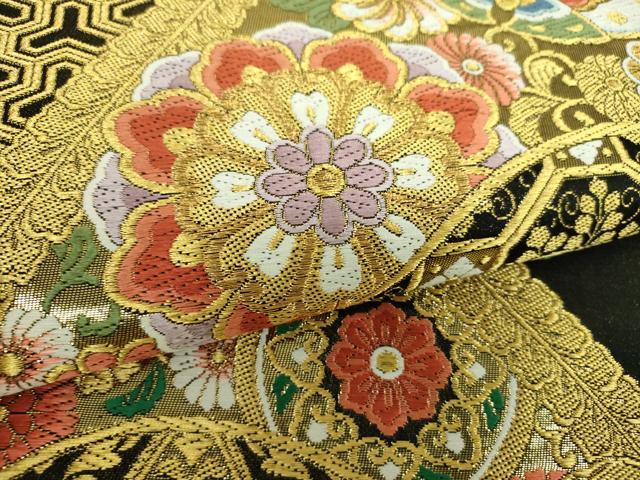平和屋着物▼六通柄袋帯　唐織　舞蝶正倉院花文　黒地　金銀糸　正絹　逸品　DABE5771ps