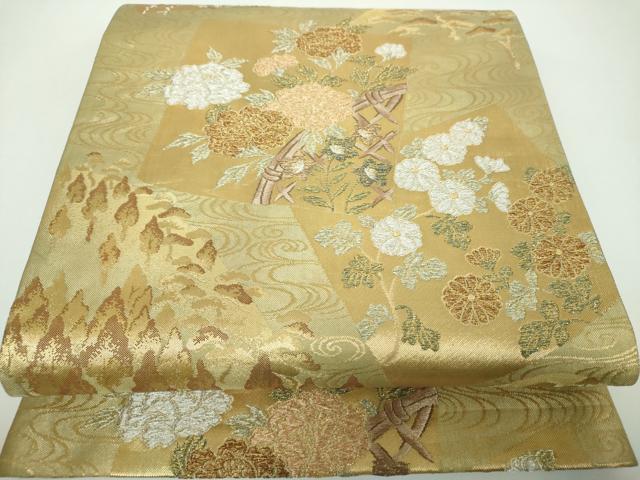 平和屋着物▼六通柄袋帯　唐織　色紙山立樹文　金銀糸　正絹　逸品　DABE5781ps