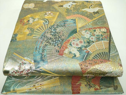 平和屋着物▼極上　西陣あさぎ　両面　全景全通柄袋帯　徳川美術館秘蔵　能楽百扇　24金プラチナ三重箔　正絹　逸品　DABE5793ps