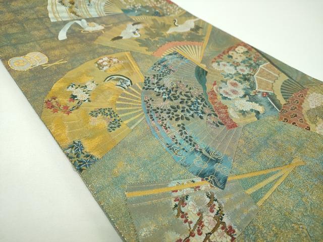 平和屋着物▼極上　西陣あさぎ　両面　全景全通柄袋帯　徳川美術館秘蔵　能楽百扇　24金プラチナ三重箔　正絹　逸品　DABE5793ps