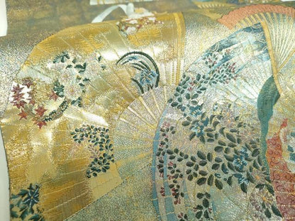 平和屋着物▼極上　西陣あさぎ　両面　全景全通柄袋帯　徳川美術館秘蔵　能楽百扇　24金プラチナ三重箔　正絹　逸品　DABE5793ps