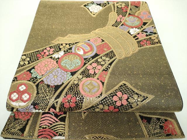 平和屋着物▼六通柄袋帯　唐織　束ね熨斗花文　金糸　引箔　正絹　逸品　DABE5796ps